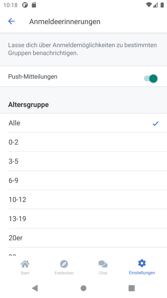 Screenshot: Anmeldeerinnerungen in der App einstellen.