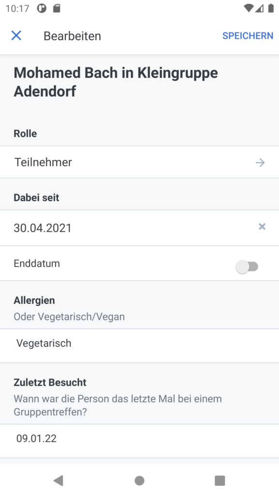 Screeshot: Bearbeitungsmaske eines Gruppenteilnehmers. Dort sind nun nicht nur die Felder, sondern auch die Untertitel der Felder sichtbar.