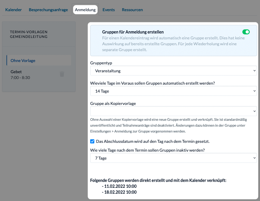 Screenshot: Neue Einstell-Maske für Anmeldegruppen bei einem Termin