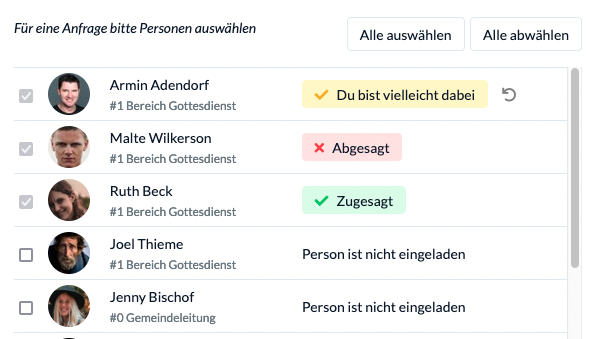 Screenshot: Im Termin Modal kann man nun seine Besprechungsanfrage ändern und auch die Personenliste ist neu designt.