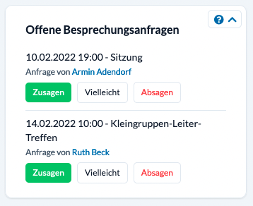 Screenshot: Neu gestaltetes Widget für Besprechungsanfragen auf der Startseite