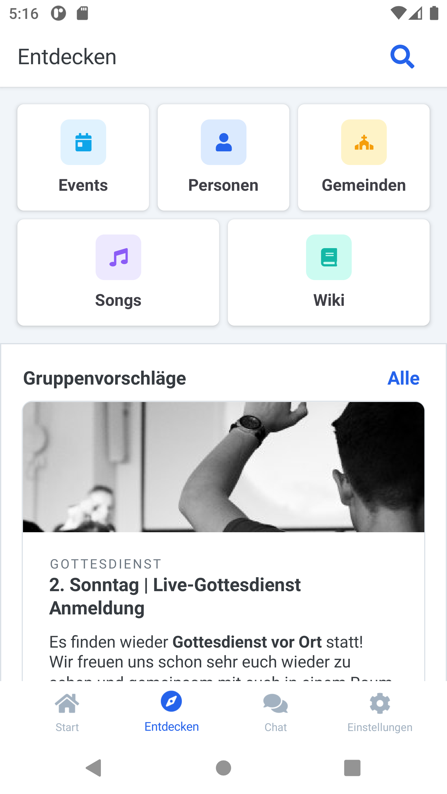 Screenshot: Auf dem Entdecken Tab sind die Chips im neuen Design zu sehen