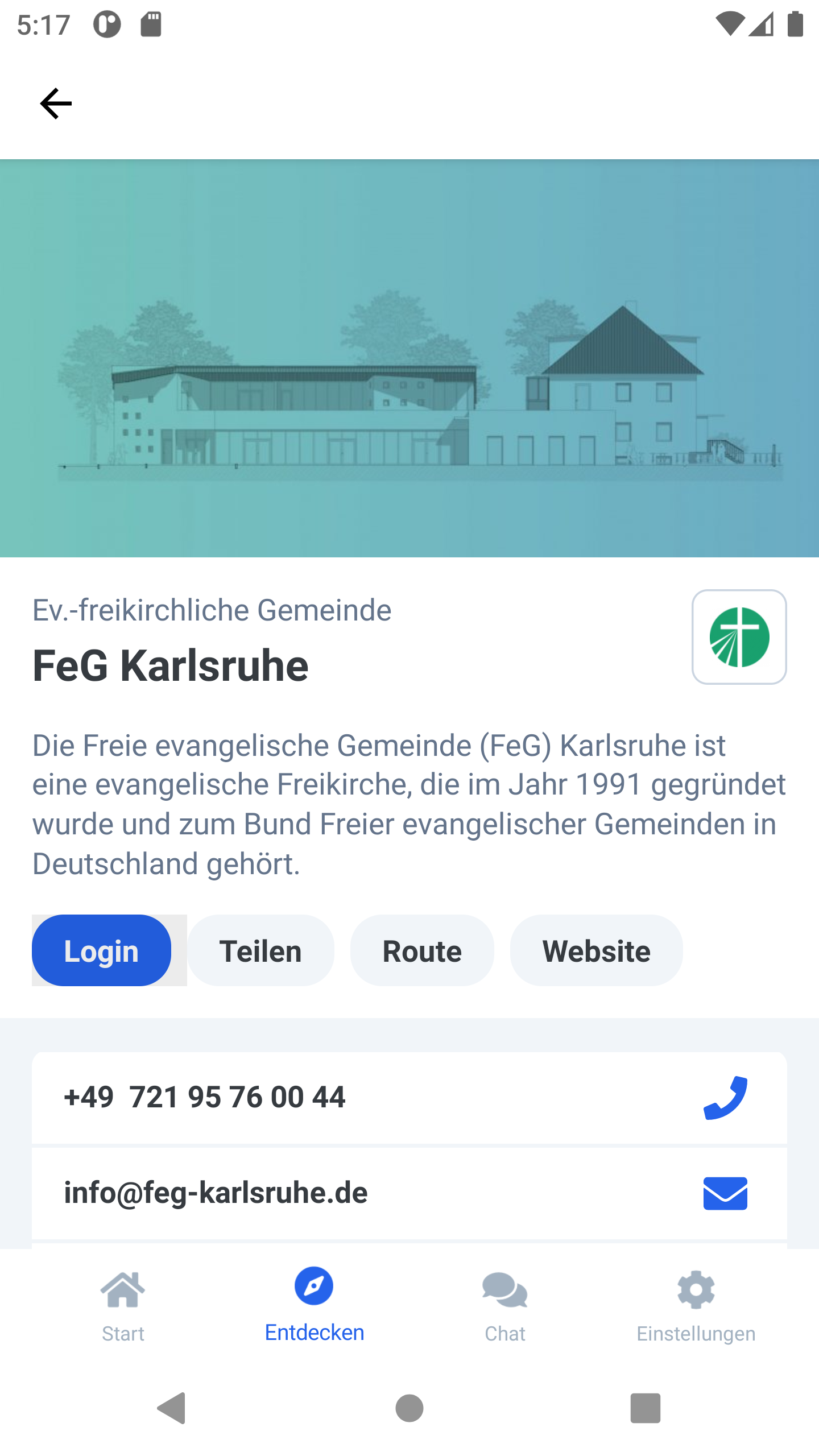 Screenshot: Über die App sind nun Gemeinden über den ChurchTools Finder zu finden.