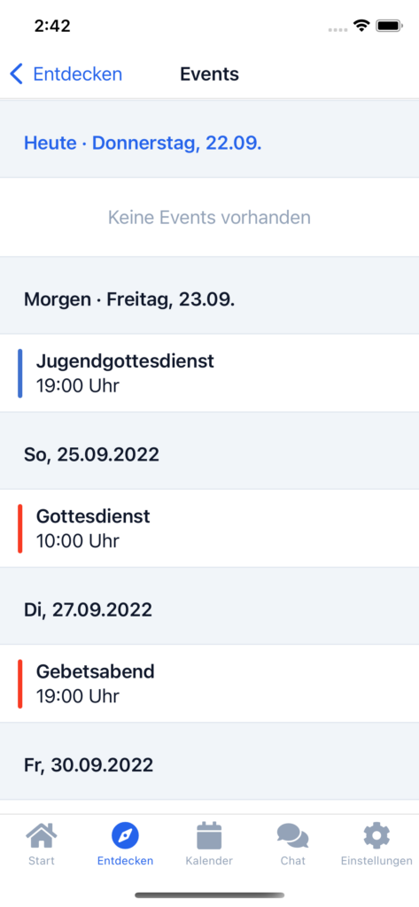 Screenshot der neuen Eventliste. Sie sieht gleich aus wie die Liste von Kalenderterminen.
