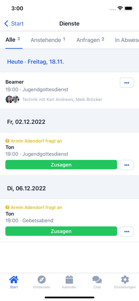 Screenshot: Dienstliste