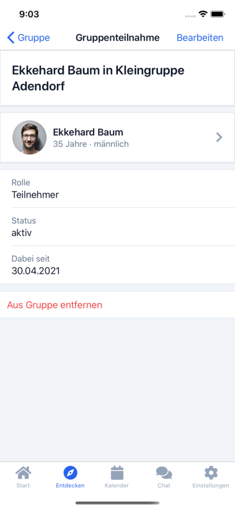 Screenshot: Auf der Detailseite einer Gruppenmitgliedschaft kann man nun auch die Person aus der Gruppe entfernen