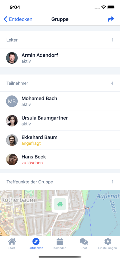Screenshot: Gruppenmitglieder Liste der Teilnehmer mit farblicher Markierung für den jeweiligen Status