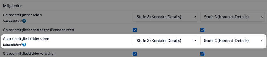 Screenshot der Rechteverwaltung mit dem Recht "Gruppenmitgliedsfelder sehen"