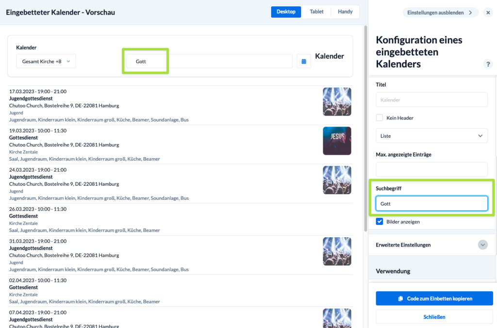 Screenshot: Kalender einbetten Funktion mit Suchfeld-Funktion