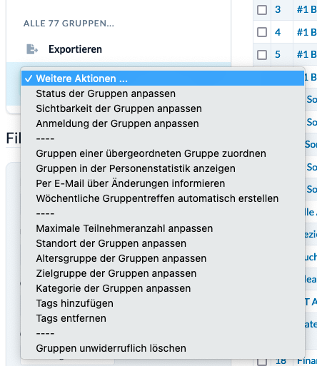 Screenshot der Liste aller Batch-Funktionen für Gruppen