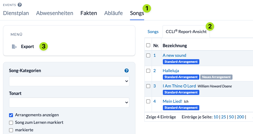 Screenshot der Song Liste in ChurchTools mit 3 Schritten. 1. Songs anklicken 2. CCLI Report-Ansicht auswählen und 3. Export