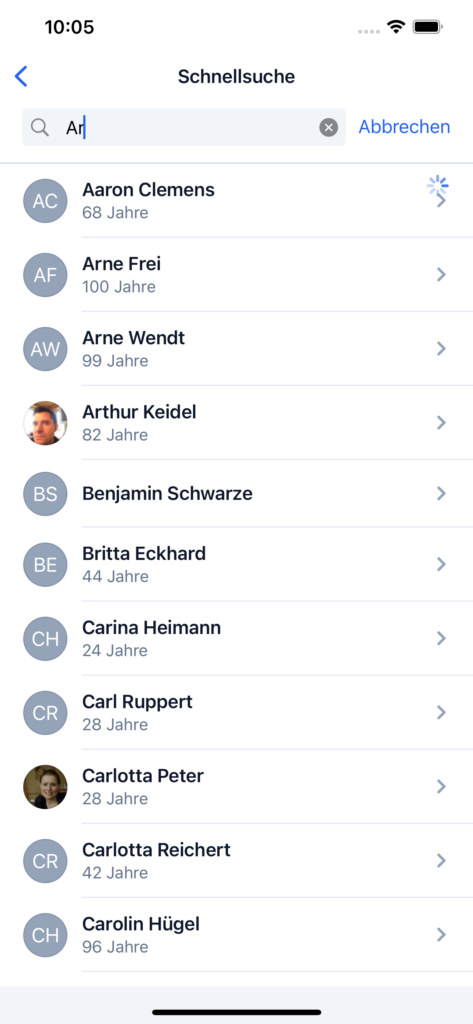 Screenshot: Ergebnis-Liste einer Personensuche
