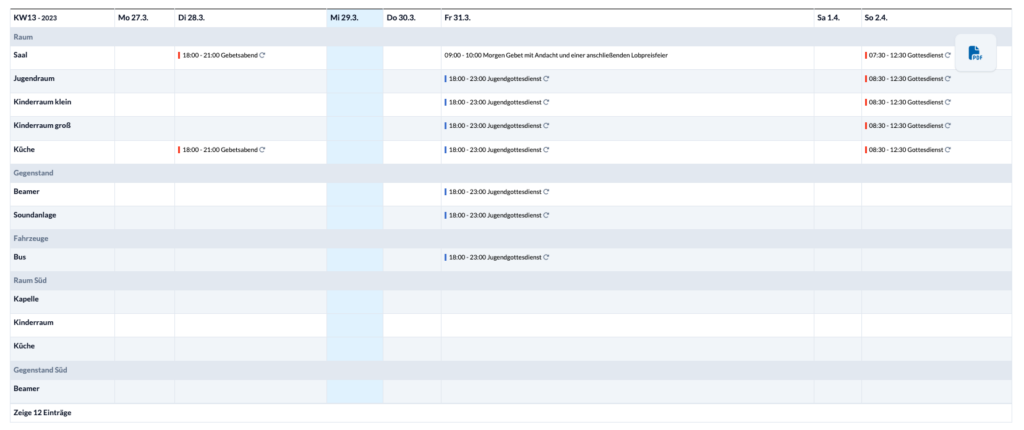 Screenshot der Druckansicht von Ressourcen-Buchungen.