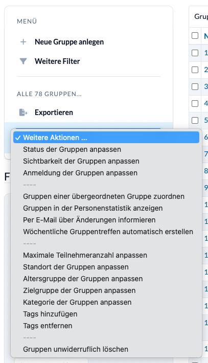 Screenshot: Weitere Aktionen im Gruppen Modul