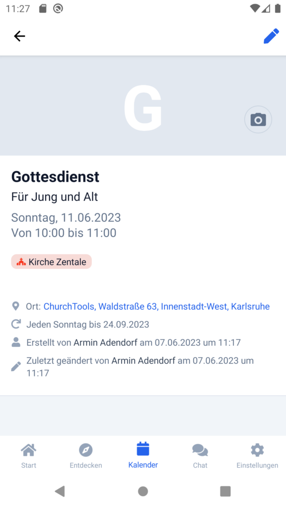 Screenshot: Termin Gottesdienst mit einer regelmäßigen Wiederholung. Die Wiederholung wird als Texthinweis angezeigt.