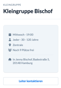 Screenshot der Info Box auf der öffentlichen Gruppenseite mit dem Treffpunkt und der vollen Adresse