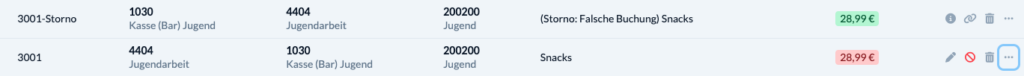 Screenshot: 2 Buchungen im Finanzen Modul. Eine davon ist eine Storno Buchung.