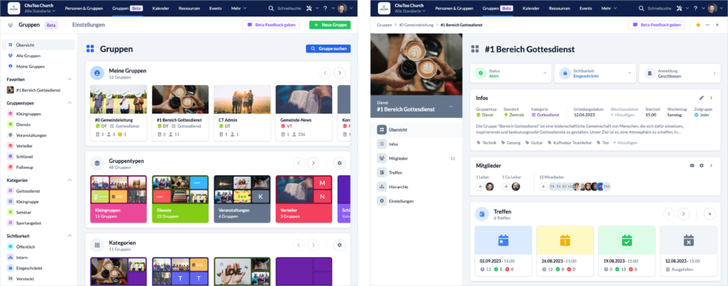 Screenshot: 2 Bilder aus dem neuen Gruppen-Modul. Links die Übersicht der Gruppen und Recht eine Gruppenansicht.