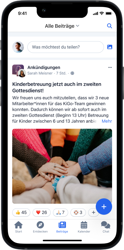 Neuer "Beiträge"-Tab mit Beitrag "Kinderbetreuung jetzt auch im zweiten Gottesdienst!"