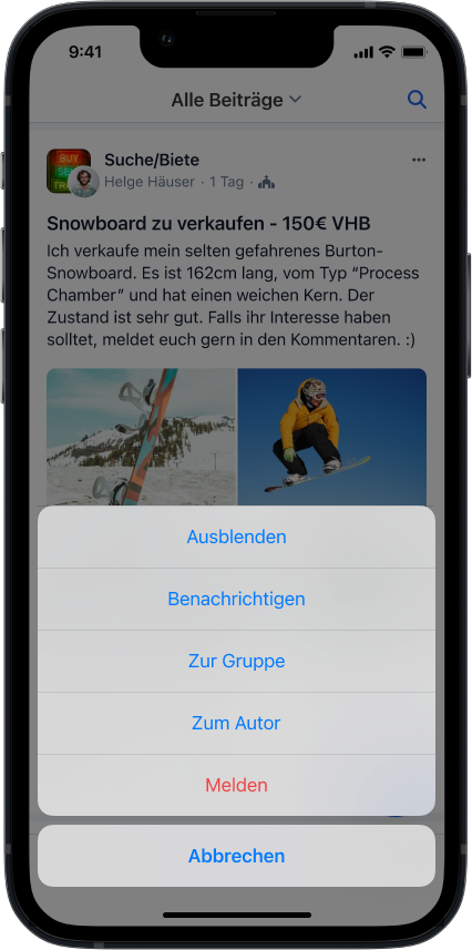 Kontextmenü eines Beitrags mit Optionen "Ausblenden", "Benachrichtigen", "Zur Gruppe", "Zum Autor", "Melden" und "Abbrechen"