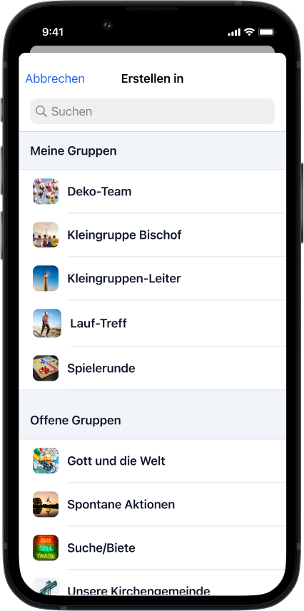 Popup "Erstellen in" mit der Auswahl von Gruppen, in der man einen Beitrag erstellen kann