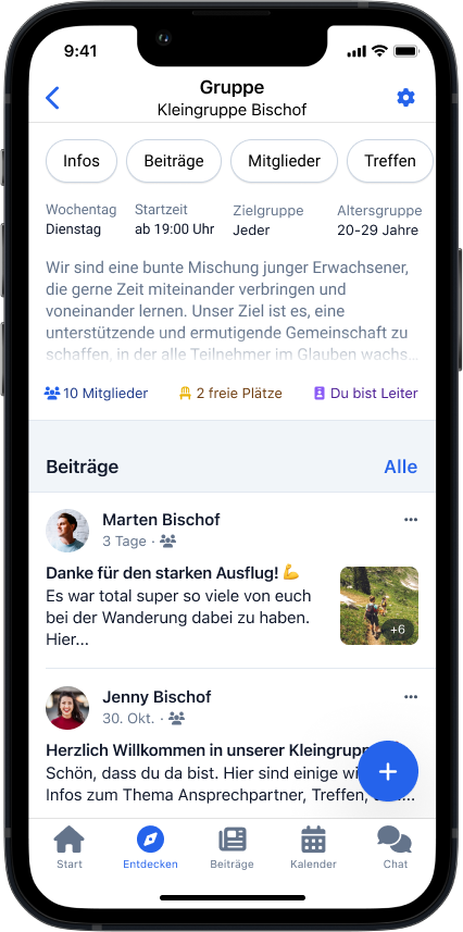 Gruppe "Kleingruppe Bischof" mit Gruppeninfos und darunter dem neuen "Beiträge"-Widget