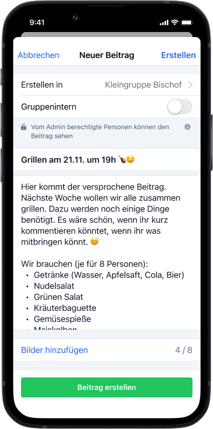 Popup "Neuer Beitrag" mit Sichtbarkeitseinstellung, Titel, Inhalt, und "Bilder hinzufügen"-Button