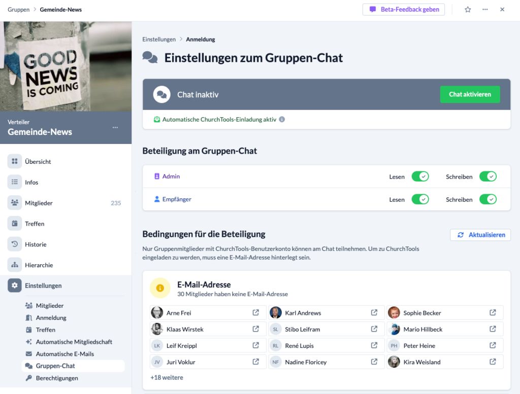 Chat-Einstellungen im neuen Gruppenmodul