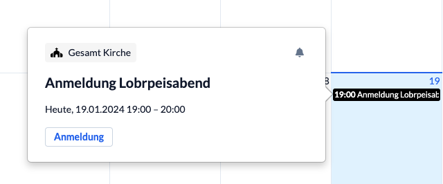 Screenshot des Tooltips im Kalender zu einem Termin mit Anmelde-Button
