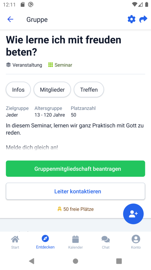Screenshot eine Gruppe mit dem Button "Leiter kontaktieren"