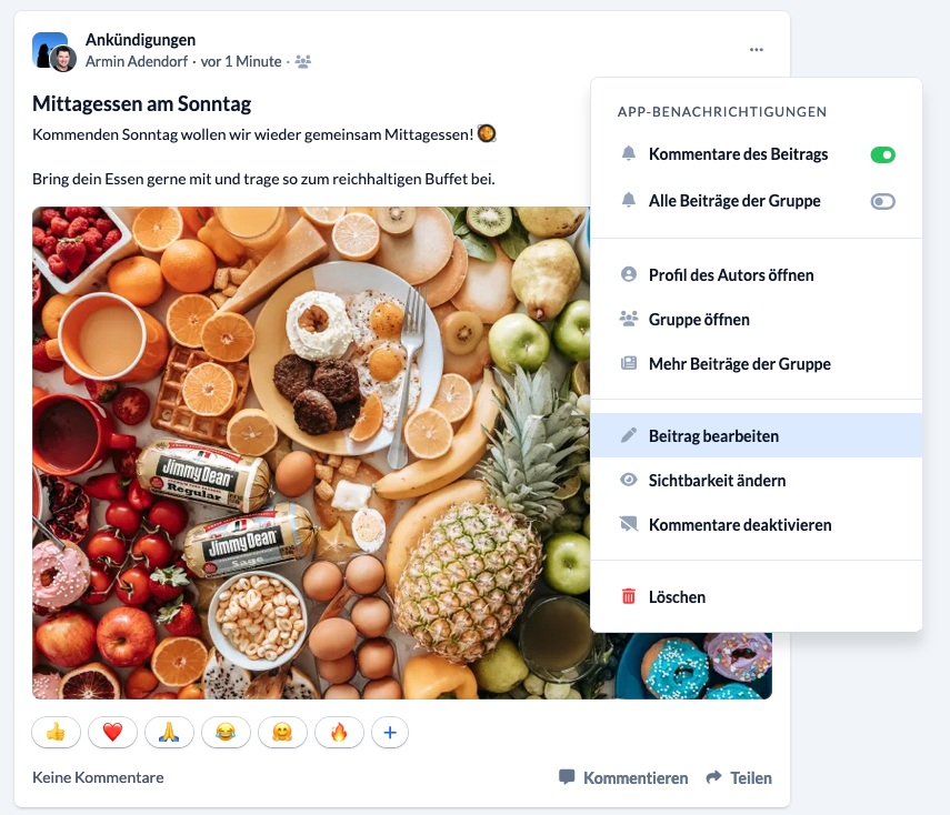Screenshot des Kontext-Menüs eines Beitrags, mit der Option einen Beitrag zu bearbeiten.