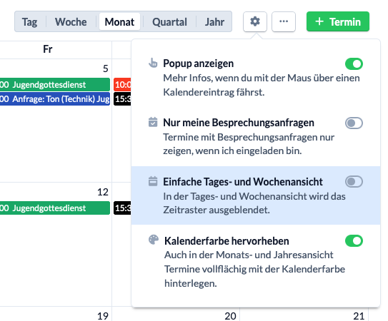 Screenshot der Einstellung, um Kalenderfarben hervorzuheben.