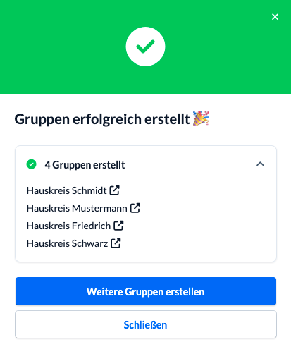 Screenshot: Erfolgsnachricht, wenn die neuen Gruppen erstellt wurden.