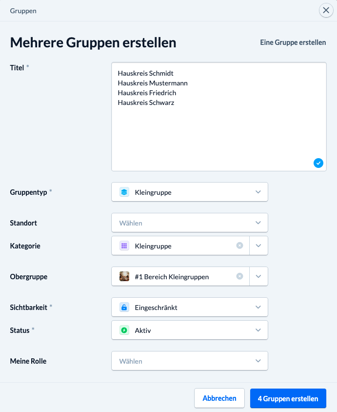 Screenshot: Neues Modal, um mehrere Gruppen auf einmal anzulegen