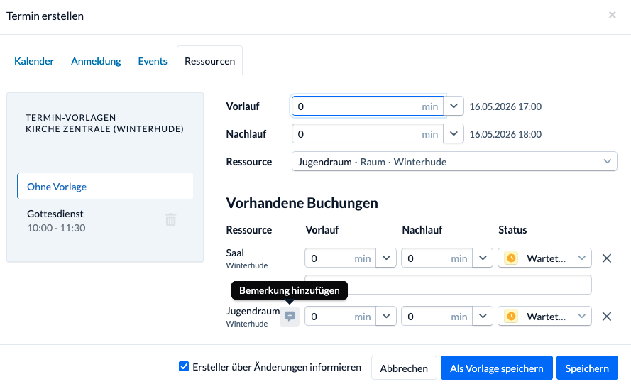Screenshot: Im Ressourcen-Tab eines Termins gibt es nun die Option "Bemerkung hinzufügen" bei Ressourcen