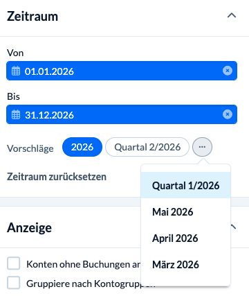 Screenshot: über das 3-Punkte-Menü im Bilanzbericht oder GuV-Bereicht, kann man nun die 3 letzten Monate wählen.
