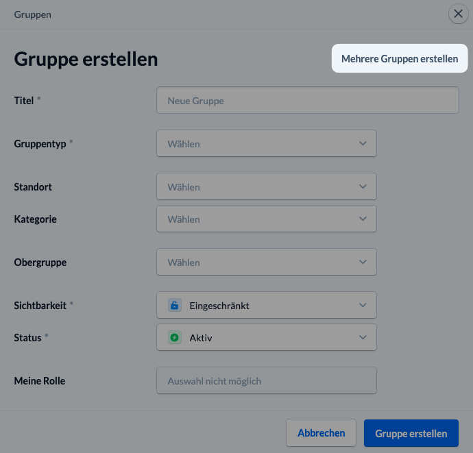 Screenshot: Bekanntes "Gruppe erstellen" Modal hat eine Option "Mehrere Gruppen erstellen" bekommen