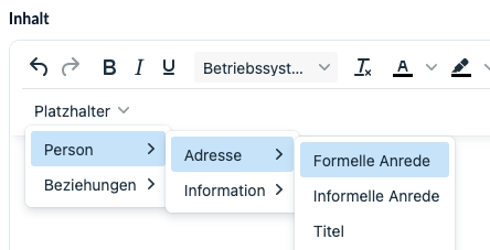 Screenshot der neuen Platzhalter für formelle und informelle Anrede