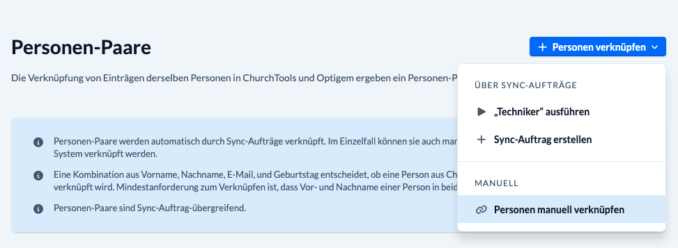 Screenshot vom Sync mit Menü-Punkt "Personen manuell verknüpfen"