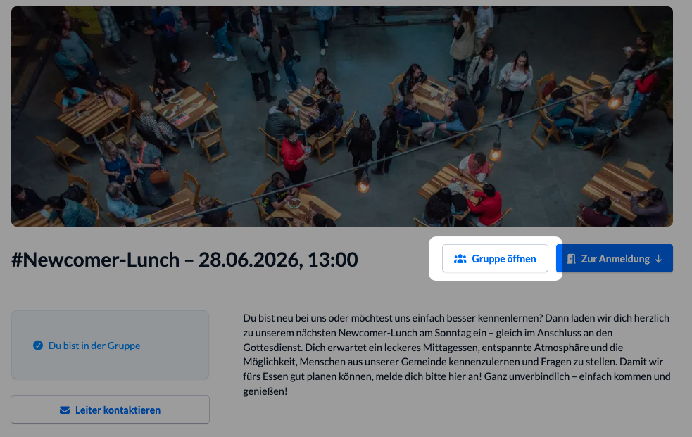 Screenshot der öffentlichen Gruppenseite mit "Gruppe öffnen"-Button.