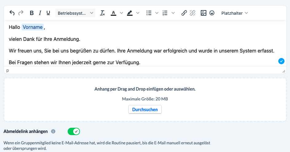 Screenshot des E-Mailers mit einer Dropzone für Anhänge